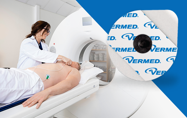 Patient on a CT/MRI scanner table with an ECG lead attached while a clinician adjusts positioning;  A10004 electrode close-up.