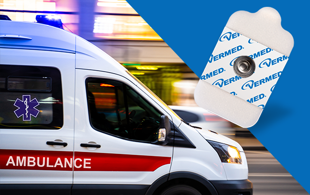Ambulance in motion representing emergency medical services; A10012-6S Vermed snap ECG electrode close-up.