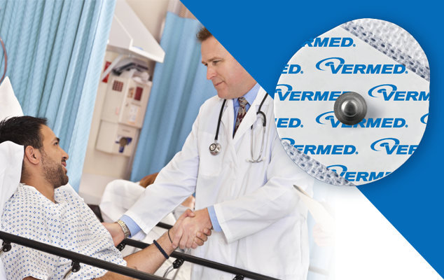 Clinician shaking hands with a patient in a hospital bed; Teardrop Vermed ECG electrode close-up.