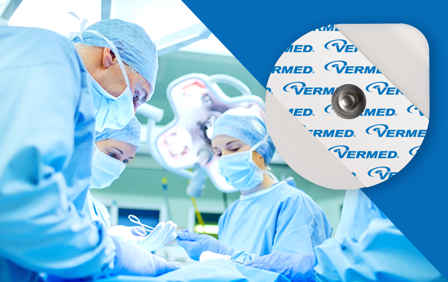 Operating room team performing a procedure with patient monitoring; Versatrode Teardrop ECG electrode close-up.