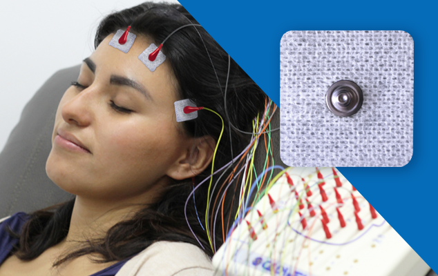 Patient wearing a multi-lead neuro monitoring cap with many wires; textured snap electrode close-up.